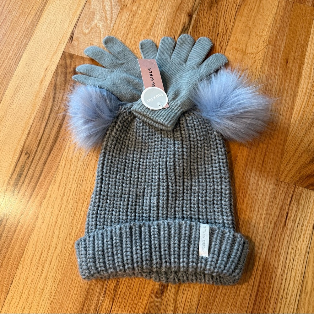 BCBG Kids Gray Knit Hat and Glove Set with Pom-Poms